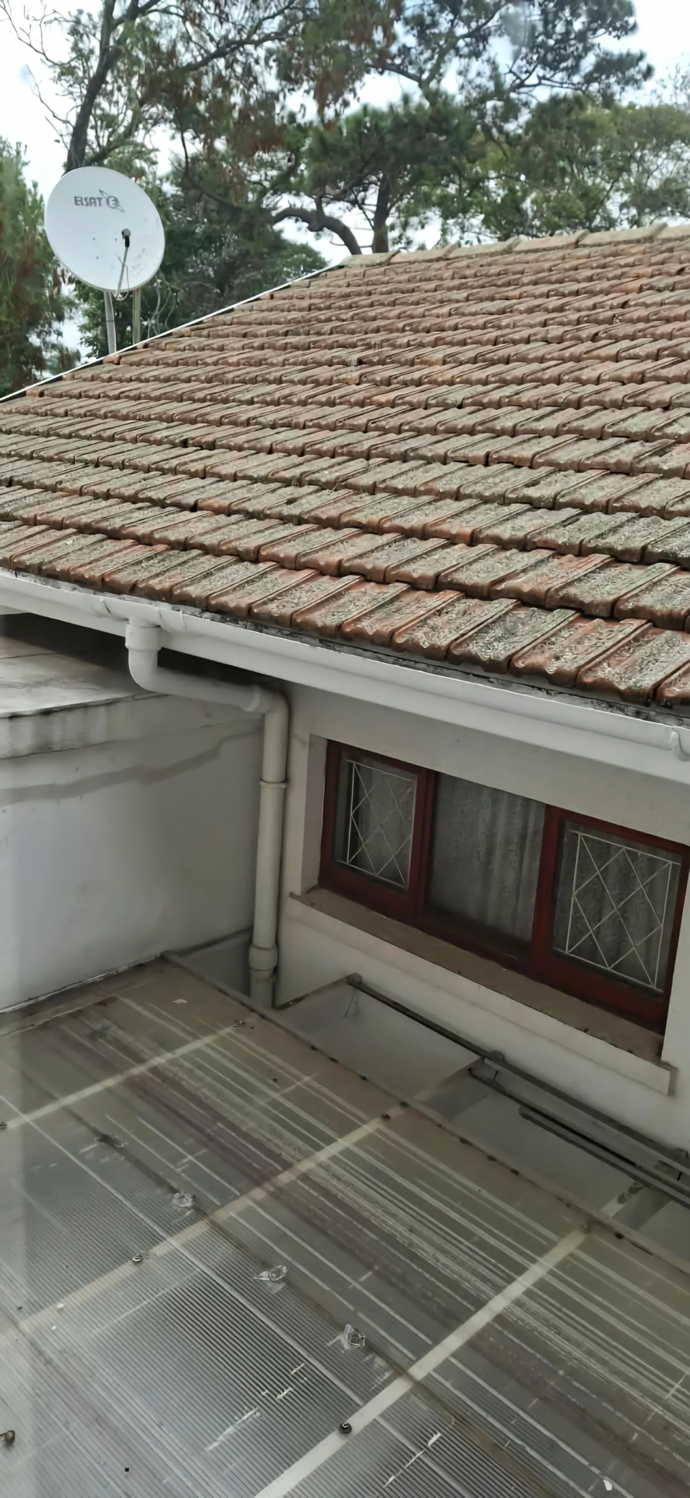 A clay tile roof above a flat roof section, with the downpipe and polycarbonate sheeting below